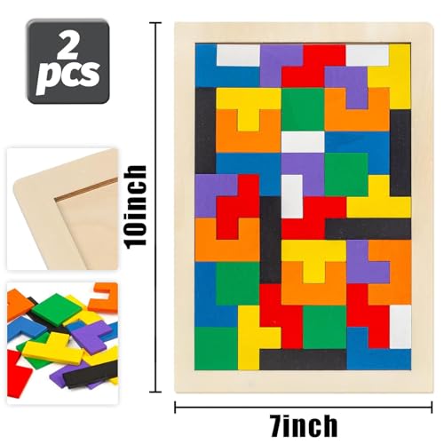 3 Otters Wooden Tangram Puzzle, 2-Pack Russian Blocks Brain Teaser | 3D Russian Blocks Intelligence Toy, STEM Montessori Educational Gift for Kids, Homeschool, Classroom, and Screenless Play
