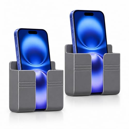 2 Pack Wall Phone Holder, Adhesive Phone Wall Mount with Cable Hole, Bathroom Bedside Kitchen RV Phone Holder Compatible with iPhone, Android Phones and Remote Controls (Gray) - color: 2 Pack-G
