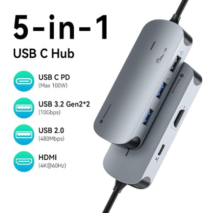 Yottamaster USB C Hub 5-in-1 with 4K HDMI for MacBook/iPad/iMac | USB C to HDMI with 100W PD, 4K@60Hz HDMI, 2*USB 3.2 Gen 2 10Gbps Data Transfer Ports, 1 USB 2.0 Port