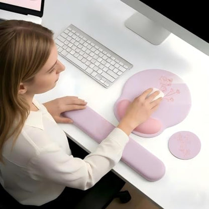 Mouse Pad with Keyboard Wrist Rest,Ergonomic Mouse Pad Wrist Support PU Base with Coaster,Mousepad with Nonslip Base for Computer Laptop Keyboard Home&Office - color: J-Pink Plants