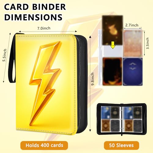 4 Pocket Trading Card Binder, Holds 400 Cards, PU Zipper Binder | PU leather cover, holds 400 cards, 50 removable pages, zipper closure, portable storage and protection. - color: Yellow lightning
