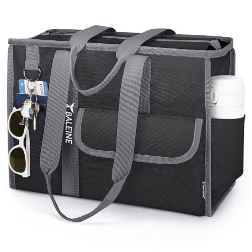 BALEINE Large Utility Tote Bag with Reinforced Bottom, Multi Pockets Foldable Tote Bag for Nurse, Travel, Work - color: Black/Gray, size: Medium