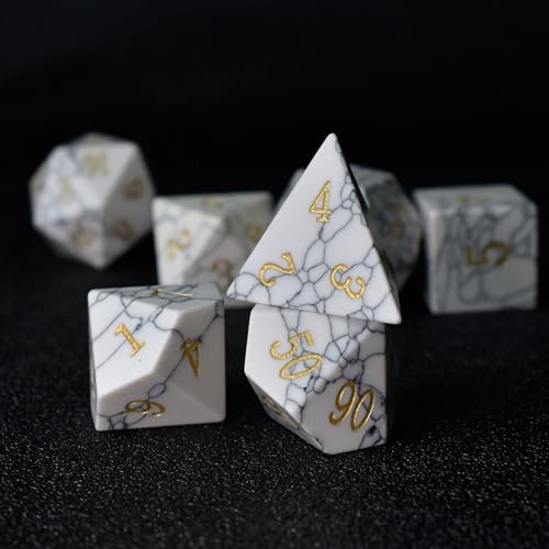 Natural Gemstone DND Dice Set,7 Pcs Handmade Stone Dice Polyhedral D&D Gem Dice with Gift Box for Dungeons and Dragons MTG Role Playing Games - color: Howlite
