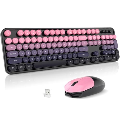 Wireless Keyboard and Mouse Combo, 2.4GHz Gradient Colorful Full-Size Retro Typewriter Keyboard with Wireless Mouse for PC/Desktop/Laptop/Windows (Berry Pink) - color: Berry Pink