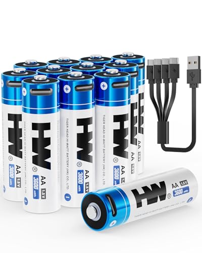 HW USB Rechargeable AA Batteries 12 Pack, [1.5V, 3600mWh] Lithium Double A Battery,1000+ Cycles Long Lasting 2A Batteries for Remote Controls,Doorbell,Clock,Wireless Mouse,Toys,etc. - size: 12-Pack