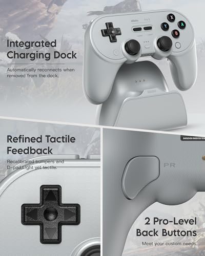 8Bitdo Pro 3 Bluetooth Controller (Gray) - TMR Joysticks | For Switch/Switch 2, Windows/Apple/Android, Swappable ABXY Buttons, Pro Back Buttons, Hall Effect Triggers, Charging Dock - color: Gray, size: Pro 3