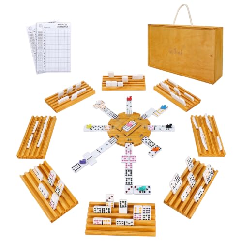 GOTHINK Double 12 Mexican Train Dominoes Set in Wooden Carry Case, Colored Dots Domino Set for Adults Kids and Family, Included 91 Tiles, 9 Trains, Wooden Hub, 8 Holders, 2 Scorepad in Vintage Box - color: D12 + 8 Holders + Vintage Box