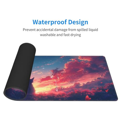 Gaming Mouse Pad Desk Pad,Extended Big Mouse Pad,31.5x11.8 Inch Long Computer Keyboard Mouse Mat Mousepad with 3mm Non-Slip Base and Stitched Edge for Gaming and Office… (Sunset Cat) - color: Sunset Cat