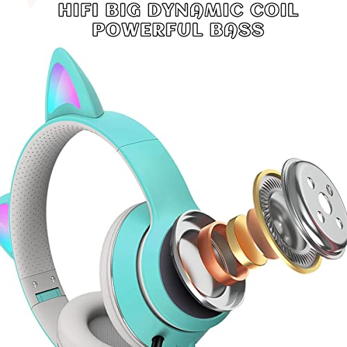 Cat Ear Gaming Headphones Wired AUX 3.5mm with LED Light, VIGROS Flashing Stereo Game Headphones Surround Sound Over-Ear Headsets with Microphone Fit Kids & Adult for PC, PS4, Switch, Mobile, Laptop - color: Light Blue
