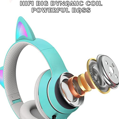Cat Ear Gaming Headphones Wired AUX 3.5mm with LED Light, VIGROS Flashing Stereo Game Headphones Surround Sound Over-Ear Headsets with Microphone Fit Kids & Adult for PC, PS4, Switch, Mobile, Laptop - color: Light Blue