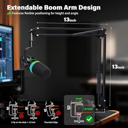 USB Gaming Microphone Set with Boom Arm, XLR/USB Dynamic Microphone for Streaming, Podcast, Twitch, YouTube, Discord, PC, PS4, PS5, Mac, USB Mic with RGB Light, Mute, Gain, Monitoring
