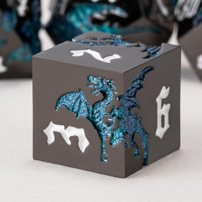 Sharp Edge DND Dragon Dice Set,Metal Polyhedral Dice with Dragon for Dungeons and Dragons RPG TTRPG D&D 7-Die Set with Gift Case - color: Dragon-pearl Gun Glitter Light Blue