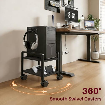 Adjustable 2-Tier PC Stand, Computer Tower Stand with 360° Locking Wheels & Hooks, CPU Cart for Floor, Carpet and Under Desk, 15.2" x 11.8" x 26", Black - color: Black