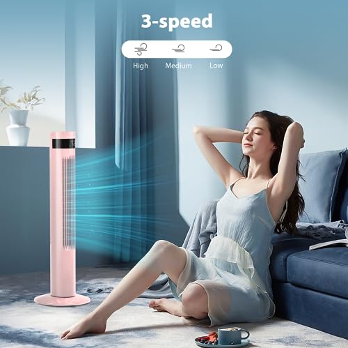 Antarctic Star Tower Fan Portable Electric Oscillating Fan Quiet Cooling Remote Control Standing Bladeless Floor Fans 3 Speeds Wind Modes Timer Bedroom Office(36 inch, Pink) | Quiet Cooling 12H Timer Remote Control Standing Bladeless Electric 3 Speeds Win