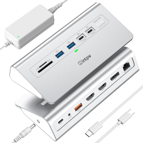 Docking Station 3 Monitors, intpw 13 in 1 USB C Docking Station with 8K DP + 2 HDMI 4K@60Hz, 10Gbps USB A/C, 2 PD 45W, RJ45, SD/TF, Audio, 65W Adapter+3.9FT Cable, Powered USB C Hub for Mac, Dell, HP