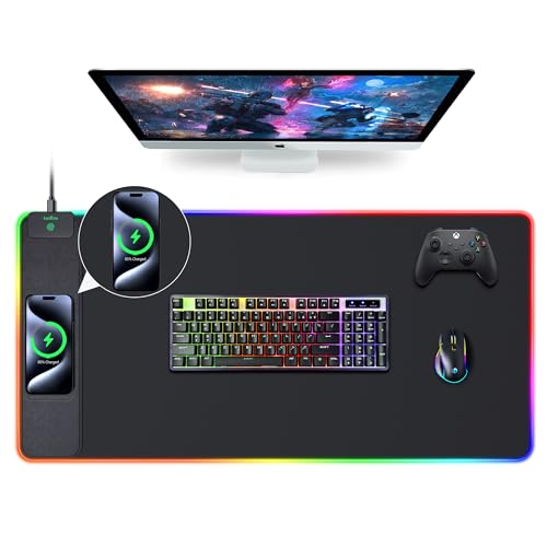 15W Wireless Charging RGB Mouse Pad, 31.5"x15.7", XXL Gaming Desk Mat | 15 Lighting Modes, Large Ultra-Smooth Surface, Non-Slip Rubber Base, Waterproof Computer Keyboard Pad for Desk, Office, Black - color: Black Rgb (Wireless Charging)