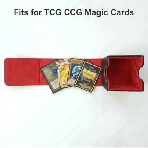 Vertical Deck Box Plus Version, Large Trading Card Case Fits 100+ Double Sleeved Cards, Premium Saffiano Leather TCG Storage for MTG Commander, Pokémon, TCG, CCG, Magnetic Closure -Black+ Red - color: VP Black+Red