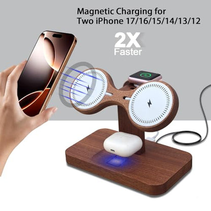 Wood Dual Phone Charging Station Compatible with Magsafe Charger Stand Magnetic Wireless Charger for iPhone 17 16 15 14 13 12 Series iWatch AirPods Wireless Charging Station for Apple Devices - color: Without Apple Watch Charger