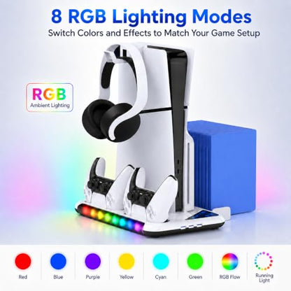 PS5/Slim/Pro Stand for Disc & Digital Console | Controller Charging Station, RGB Light & 3 Level Cooling Station , PS5 Accessories Headset Holder, Game Card Holder - color: White LED