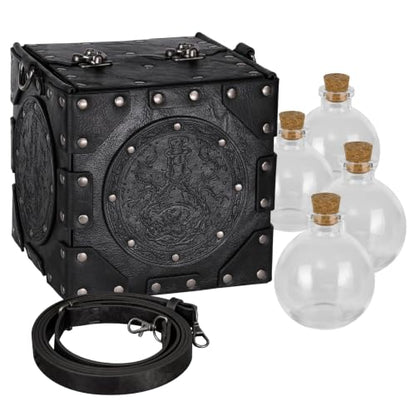 HiiFeuer Medieval Alchemist Crossbody Bag, Embossed Leather Riveted Potion Box with Bottles, Wizard Storage Box for Ren Faire (Black A) - color: Black A