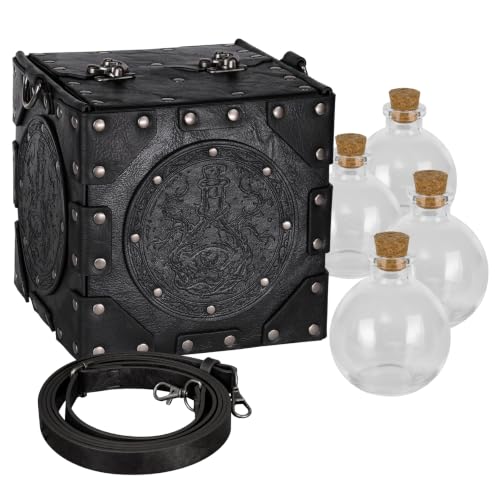 HiiFeuer Medieval Alchemist Crossbody Bag, Embossed Leather Riveted Potion Box with Bottles, Wizard Storage Box for Ren Faire (Black A) - color: Black A