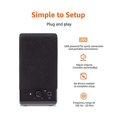 Amazon Basics USB-Powered Computer Speakers with Volume Control for Desktop or Laptop PC, Compact Size, Headphone Jack, Portable, Plug-N-Play, Black - size: 1-Pack, style: USB