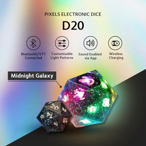 Electronic Dice - D20 (Midnight Galaxy) - RGB Polyhedral Dice, App-Controlled Light Patterns & Audio, Wireless Charging, Resin, VTT Connectable via Bluetooth, for Role Playing Games Like DND! - color: Midnight Galaxy
