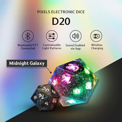 Electronic Dice - D20 (Midnight Galaxy) - RGB Polyhedral Dice, App-Controlled Light Patterns & Audio, Wireless Charging, Resin, VTT Connectable via Bluetooth, for Role Playing Games Like DND! - color: Midnight Galaxy