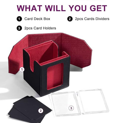 Commander Dual Display Deck Box — Patented Design Holds 130 Double-Sleeved/100 Triple-Sleeved Cards, Includes 2 Thick Card Bricks & 2 Dividers, Multi-Function Storage Cas（Black Red） - color: Black/Red