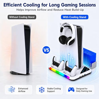 PS5/Slim/Pro Stand for Disc & Digital Console | Controller Charging Station, RGB Light & 3 Level Cooling Station , PS5 Accessories Headset Holder, Game Card Holder - color: White LED