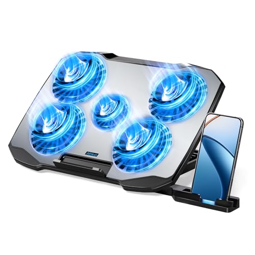 AIMIUZI Laptop Cooling Pad,Gaming Laptop Cooler with 5 Quiet Fans for 12-15.6 Inch,Laptop Cooling Stand with 5 Height Adjustable,2 USB Ports, Phone Stand - color: Silver