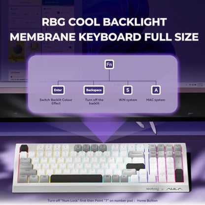 LEOBOG x Aula Wireless Keyboard 98 Keys Membrane Computer Keyboards | Silent Keyboard, 2000mAh Creamy Keyboard with Number Pad, Tri-Mode BT/2.4GHz/USB-C Connection for PC MAC Office Dorm Rooms - color: Black & White & Grey