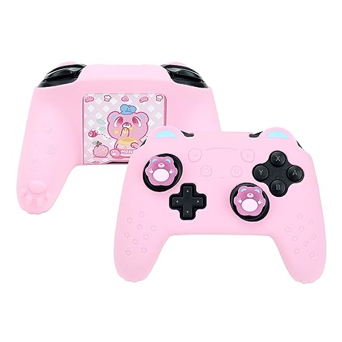 GeekShare Sugar Bear Controller Skin Set Anti-Slip Silicone Protective Cover Skin Case for Switch Pro Controller with 2 Thumb Grip Caps and 1 Sticker - Pink