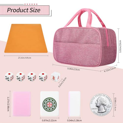 Chinese Pink 1.17 inches Compact Mahjong Set, Travel Small Size, 144 + 8 Blank Melamine Tiles, with Portable Travel Handbag Complete Mahjong Game Set - color: Pink