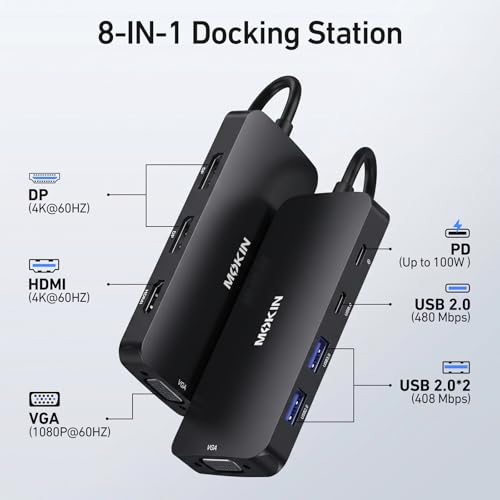 USB C Docking Station Dual DisplayPort, USB Hub with 2 DP, HDMI, VGA, USB C 2.0, A 2.0, PD Charging Port, Multi Monitor Adapter for Dell/HP Laptops, Black