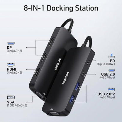 USB C Docking Station Dual DisplayPort, USB Hub with 2 DP, HDMI, VGA, USB C 2.0, A 2.0, PD Charging Port, Multi Monitor Adapter for Dell/HP Laptops, Black