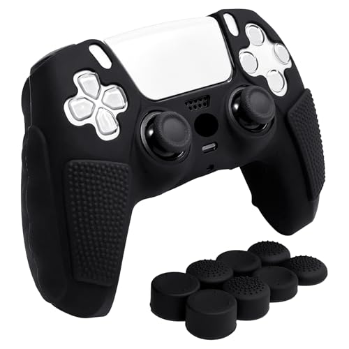 Anti-Slip Black PS5 Controller Skin,Soft Thicken Studded Protective Silicone Cover Skin Grips Compatible with PS5/Slim/Pro Controller and 8 PCS Thumb Grips Caps. - color: Black