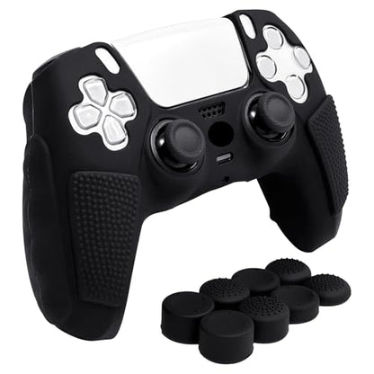 Anti-Slip Black PS5 Controller Skin,Soft Thicken Studded Protective Silicone Cover Skin Grips Compatible with PS5/Slim/Pro Controller and 8 PCS Thumb Grips Caps. - color: Black