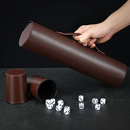 2-Pack Leather Dice Cup Set, 10 Brown Cups, 50 Dice with 2 Storage Cases | PU leather dice set with 5 felt-lined cups, 25 dice and storage case for Liar’s Dice, craps, backgammon and party games - color: Brown X2