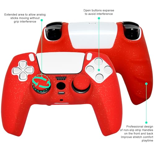 Red Glitter Silicone Protective Case for PS5 Controller, Sparkly Bling Soft Cover Skins, Includes 8-in-1 Glitter Thumb Grip Caps + 2 Cat Paw Caps – Shockproof Dustproof Anti-Slip - color: Red