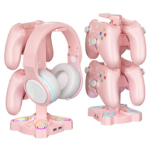 KDD Headphone Stand with Light Modes - Rotatable Pink Game Headset Holder with 3.5mm AUX & 2 USB Port - Suitable for PC Desk Accessories Gamers Gift(Pink) - color: Pink