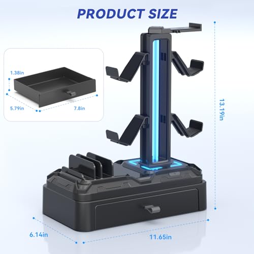 KDD Headphone Stand with USB A&C Charger Ports - RGB Controller Stand with Detachable Hooks - Rotatable Headset Hanger & Device Slot for Phones/Tablets - Drawer Storage Base for Gaming Desk Organizer