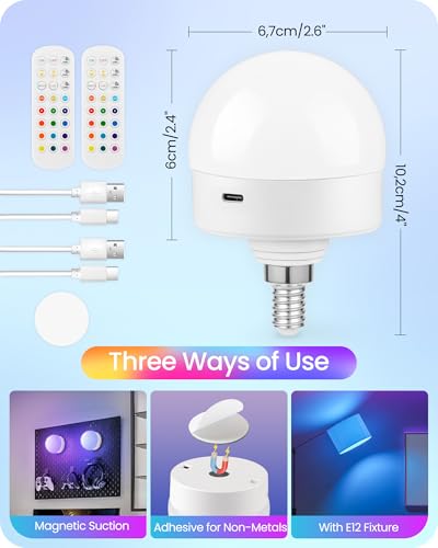 Rechargeable Light Bulbs with Remote Control, 2 Pack E12 Base Battery Operated Light Bulbs, 3 Timer 15 Colors Selectable, Dimmable Wireless RGB LED Bulb for Lamp, Non-Hardwired, R08YBP205 - size: E12 Base - RGB