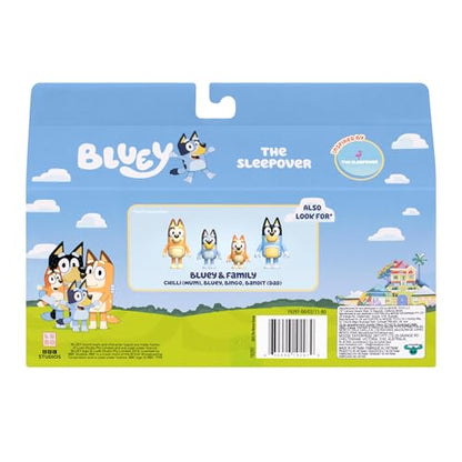 Bluey Figure 4-Pack The Sleepover, Episode-Themed Toys | Includes Bluey, Bingo, Chilli, Muffin & flamingo accessory, moveable arms; kids toys ages 3+ - style: The Sleepover