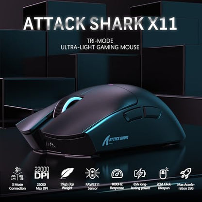MAGIC-REFINER Attack Shark X11 59g Lightweight Wireless Gaming Mouse,RGB Magnetic Charging Dock,PixArt PAW3311,Tri-Mode-BT/2.4G Wireless/Wired Mouse,22000 DPI,5 Programmable Buttons for Pc/Mac(Black) - color: black