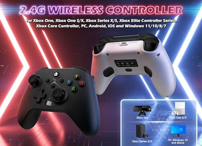Xexvyrin Wireless Controller for X-box One, X-box Series X/S, PC, Switch, iOS, Android, LED Gaming Controller with TURBO, Macro Function, 6-Axis Gyro, 3.5mm Audio Jack, 2.4GHz Adapter（Black and white two-pack） - color: Black and white
