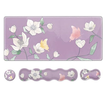 AIMSA Flower Desk Mat, Purple Mouse Pad with Wrist Rest Set, XXL Mousepad+Keyboard Wrist Rest+Mouse Pad Wrist Support+Coaster for Home Office Accessories - color: Purple Flowers
