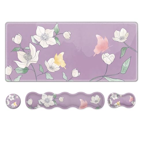 AIMSA Flower Desk Mat, Purple Mouse Pad with Wrist Rest Set, XXL Mousepad+Keyboard Wrist Rest+Mouse Pad Wrist Support+Coaster for Home Office Accessories - color: Purple Flowers