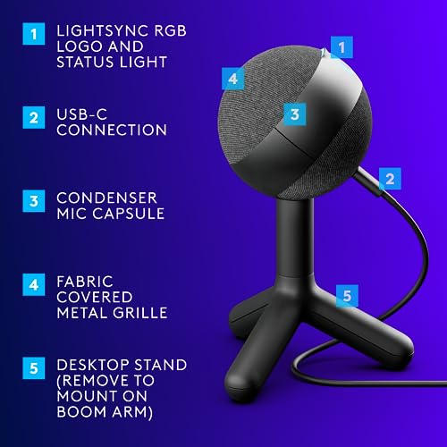 Logitech G Yeti Orb Condenser RGB USB Gaming Microphone - Black | LIGHTSYNC, Cardioid, for streaming, plug and play for PC/Mac - color: Black