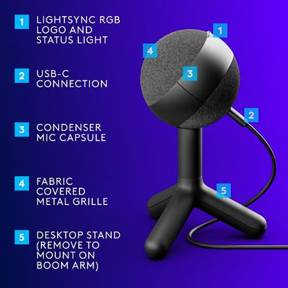 Logitech G Yeti Orb Condenser RGB USB Gaming Microphone - Black | LIGHTSYNC, Cardioid, for streaming, plug and play for PC/Mac - color: Black